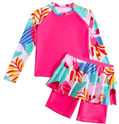 Hotfiary Mädchen Rash Guard Badeanzug, Floral Print 2-teilige Badeanzug, Lange Ärmel Swim Shirt Top und Schwimmen Rock mit Shorts Set, UPF 50 + Sommer Strand Bademode für 8 9 10 11 12 Jahre