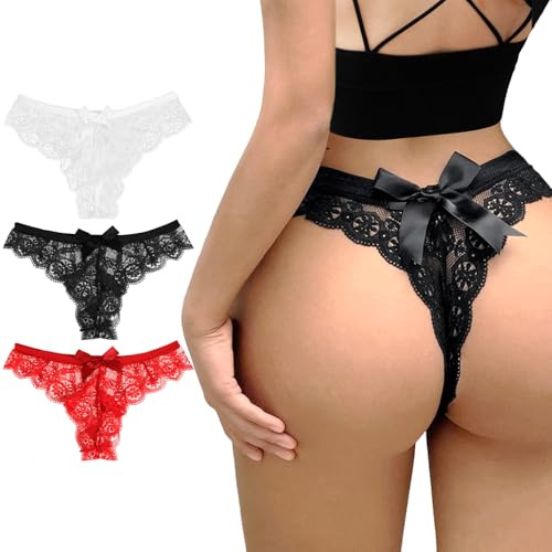 Telooco 3 Pack Lace Bow Thongs Women Sexy Panties Low Waist Panties V-Shape Naughty Cheeky Underwear for Bride (Medium)