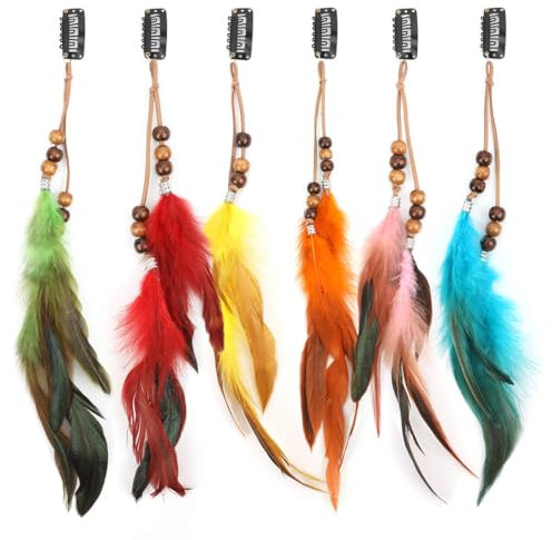 6 Piezas Clips de Pelo Pluma, Accesorios Cabello Plumas Boho, Pluma Extensiones de Cabello, Tocado Hippie con Plumas Pavo Real, Bohemio e Indio Tocado de Plumas, para Mujeres y niñas