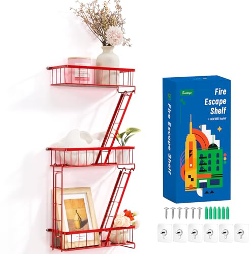 SweetSage Fire Escape Wall Shelf Red - New York Wall Art Decorative Figure Display Floating Shelves Metal Racks for Living Room, Home Office Storage (3-Tier)