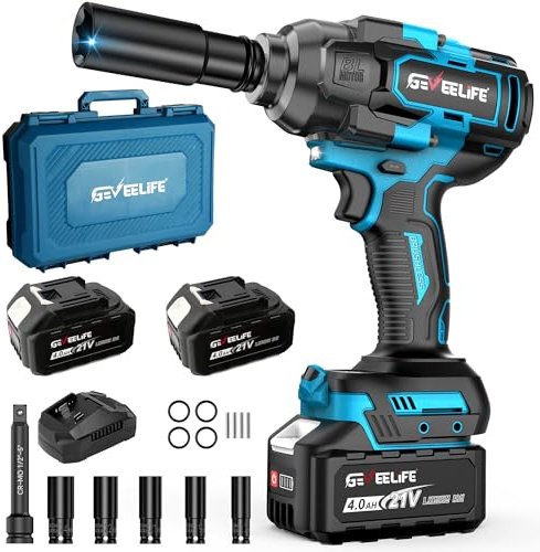 GEVEELIFE 1200N.m (900Ft-lbs) Brushless Impact Wrench, 1/2 Cordless Impact Driver with 2x 4.0Ah Battery, Fast Charger & 5 Sockets, High Torque, Electric Impact Gun for Car/Truck/RV/Mower