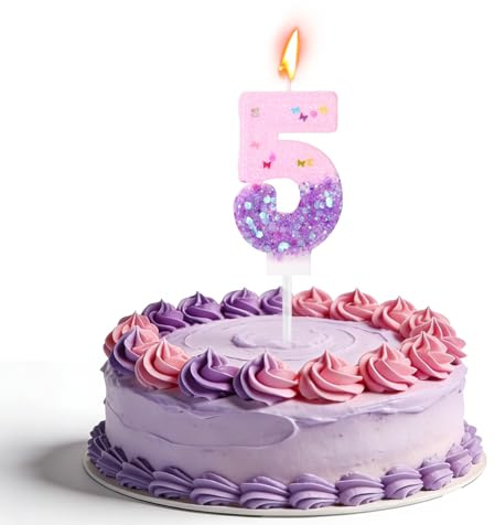 Candela di Compleanno Numero, Candela di Compleanno con Glitter Rosa e Viola Decorazioni per Torte a Tema Musicale Divertente Adatte a Bambini Adolescenti e Adulti (Numero 5)