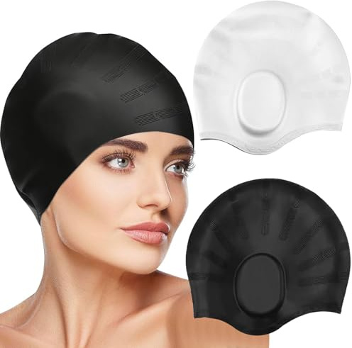 2PCS Swimming Cap, 100% Silicone Waterproof Swimming Hat with Ear Protection, Swimming Caps for Women/Men, Large Black/White Adult Swimming Caps That Keep Hair Dry, Ladies Swimming Cap Long/Short Hair