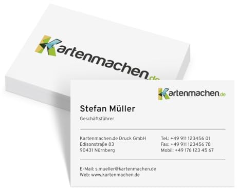 Personalisierte Logo Visitenkarten von 100 bis 2.500 Stück individuell selbst gestalten mit zwei eigenen Bildern und Text, dickes 300g/qm Papier, 85x55mm, beidseitiger klarer intensiver Druck