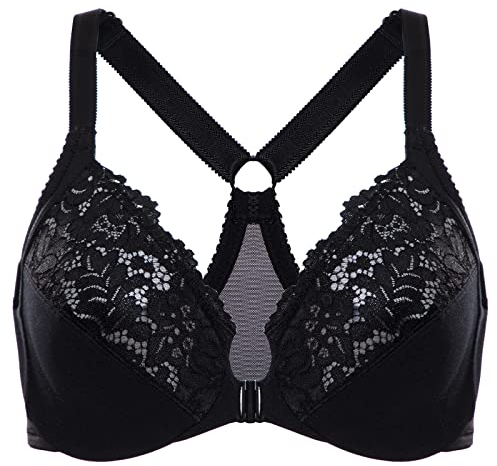 Delimira Women's Front Fastening Bra Racer Back Lace Plus Size Non Padded Underwired Black 40D