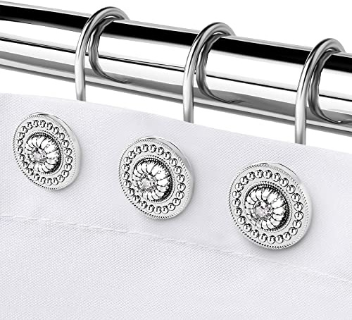 Silver Shower Curtain Hooks, Rust Proof Shower Curtain Rings for Bathroom, Metal Decorative Shower Curtain Hooks Hangers for Shower Curtain Rod, Shower Hooks for Shower Curtain Set of 12 Chrome