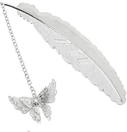 TIESOME Bokmärke med fjäder i metall, Glödande metallbokmärke med 3D fjärilshänge Unikt bokmärke med fjäril som lyser i mörkret för bokälskare (Silver)