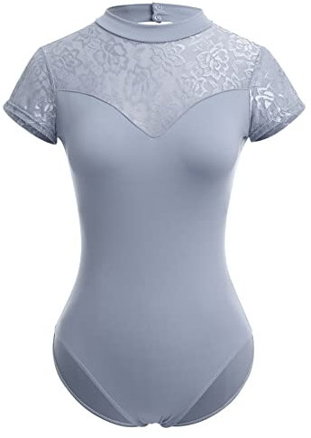 Odizli Ballettkleidung Damen Kurzarm V-Ausschnitt Spitze Rückenfrei Body Bodysuit Ballett Trikot Tanzbody Tanztrikot Turnanzug Ballerina Gymnastikanzug mit BH-Pad Blaugrau #1 XL