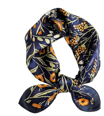 ANDANTINO Sciarpa in 100% vera seta di gelso -53 x 53 cm - Fazzoletto da collo leggero - Donna Uomo Piccola Sciarpa quadrata con stampa digitale, Fiori-navy, S
