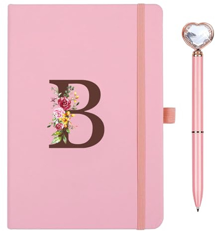 Sinekong Diario de Viaje con inicial Cuaderno de Cuero con Bolígrafo de Diamante de Corazón, Diario Personal para Hija Niña Mujeres Amigas Profesores Cumpleaños Graduación Día de la Madre Rosa (B)