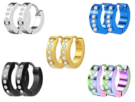 HinDaLi 5 Paires Boucles d'Oreilles Créoles Acier Inoxydable Femme Homme Diamant Zircone Or Argent Noir Bleu Arc-en-Ciel 9mm
