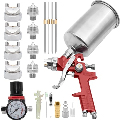 ZOSANY HVLP Gravity Feed Spray Gun, Automotive Air Paint Spray Gun Kit with 1.4, 1.7, 2.0, 2.5mm Nozzles, 1000cc Aluminum Cup, Air Compressor Regulator, Suitable for Auto Paint and Touch Up