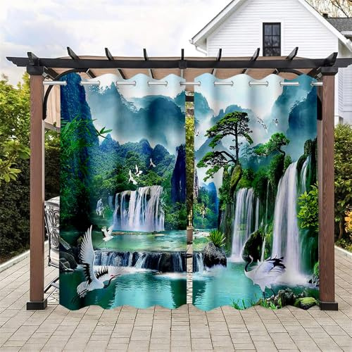 Hiseng Rideaux D'extérieur Imperméables 2 Piece Occultant Rideaux Solation Thermique Anti Chaleur Protection UV pour Pergola Jardin Tonnelle Terrasse Balcon -3D Forêt (137x203cm,Chute d'eau)