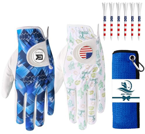 Golf Gloves Men Right Handed Golfer Left Hand Leather Value 2 Pack with 2 Ball Marker 1 Towel 6 USA Flag Golf Tees 3 1/4 Inch Mens Golf Glove (Trees+Square Grid, X-Large (Worn On Left Hand))