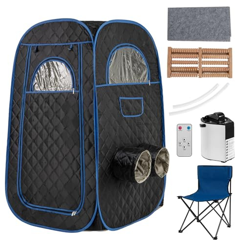 Costway Bärbar ångbastu, hemmabastu för 1–2 personer med 3-liters ånggenerator, timer, fjärrkontroll, fotmassageapparat och klappstol, bastutält, sittbastu för hemmabruk, 89 x 89 x 149 cm (svart)