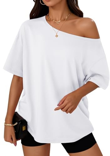 Trendy Queen Womens Off the Shoulder Tops Oversized T-Shirts Short Sleeve Tees Summer 2026 Casual Spring Clothes Workout Gym Y2k Cute Going Out Plus Size Fashion Clothing White XL