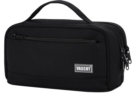 VASCHY Trousse Scolaire Fille Garcon, Grande Trousse Double Compartiments Trousse à Crayons Zippée Multi-Poches Kawaii avec Anse pour École Enfant Ados Étudiant Adulte Noir