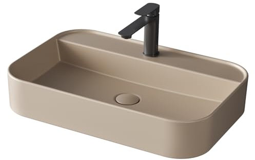 EMKE Lavabo de Cerámica,Rectangular – Lavamanos para Baño y Aseo de Invitados – 60 × 40 × 11 cm, Beige Mate