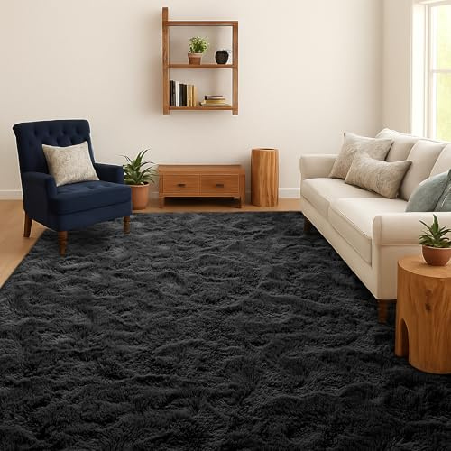 SOANNY Alfombra de Pelo Largo para Salón, Lavable Antideslizante y Suave, Diseño Sólido Shaggy para Dormitorio y Habitación Infantil, Tapete para Cama, 90x150 cm, Negro