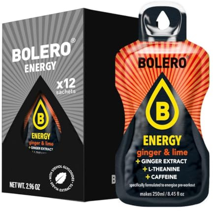 Bolero Energy 7 g x 12 sachets | Boisson en poudre sans sucre | Végan & sans gluten | Pour un mode de vie actif (12x7g, Gingembre Citron vert)