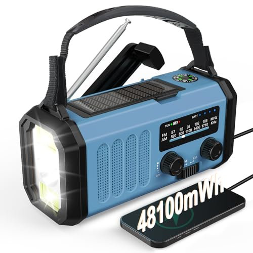 48100mWh Kurbelradio Notfall Radio, Solar Radio mit Weltempfänger, AM FM Radio Dynamo Notradio mit HandyLadegerät, Aufladbar Taschenlampe&Leseleucht, Kompass,SOS für Stromausfälle Ourdoor Camp Notfall