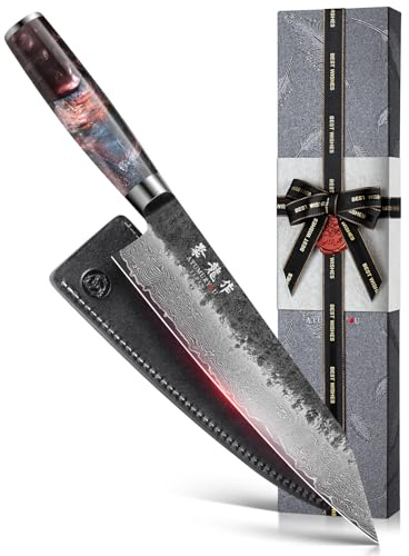 8.27 Inch Japanese Kiritsuke Chef Knife with VG10 Core, Professional 67-Layer Hand-Forged Damascus Knife with Ergonomic Handle, Leather Sheath and Elegant Gift Box – Perfect Gifts for Women Men