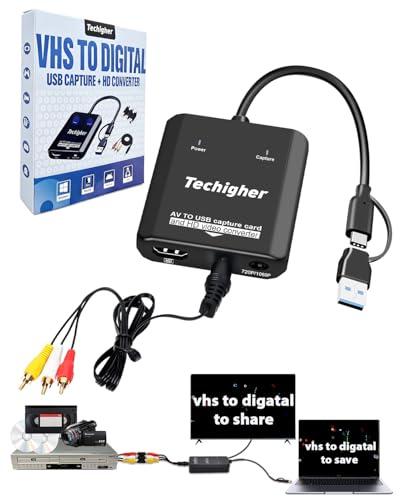 Convertidor VHS a digital y adaptador RCA a HDMI, tarjeta de captura de video USB para VCR/DVD/AV/PS2/Wii, convertidor AV a HDMI a salida de pantalla, adaptador wii hdmi, guardar/convertir video
