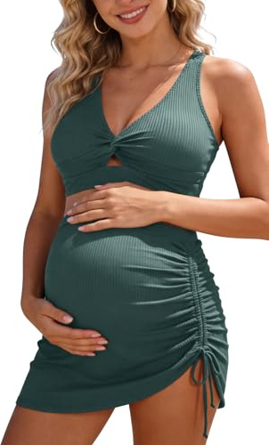 SHEKINI Costume da bagno premaman a due pezzi a vita alta Bikini Set Gravidanza Costumi da bagno Twist Front Costume da bagno Mesh Swim Skirt, Blu verde, L