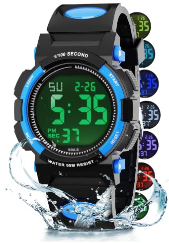 GUUMUXIN Digital Watch, 5 ATM Waterproof, 7-Color Light, Alarm, Stopwatch | Date display, 12/24H format, lightweight, durable strap, ideal for sports & daily wear, fits teens 7-18