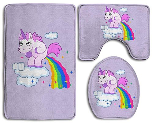 3-teiliges Badezimmer-Set mit rutschfestem Badvorleger, WC-Deckelbezug und Badvorleger mit Regenbogen-Einhorn-Motiv