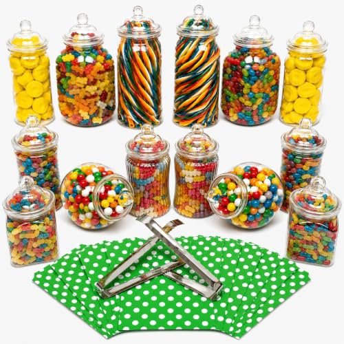 14 Plastic Sweet Jars, 7 Styles, 2 Tongs and 50 Bags. Ideal for Party, Wedding, Sweet Table, Candy Buffet (Green Polka Dot Bags)
