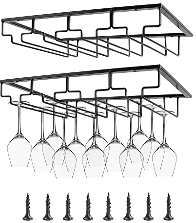 AZKEEGREY 2 Pack Hanging Wine Glass Rack Under Shelf - Adjustable Black Stemware Holder for Bar Kitchen (4 Rows)
