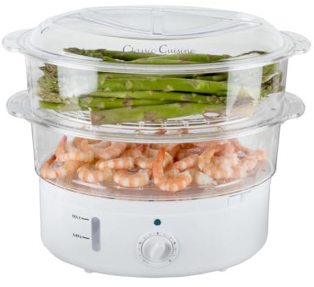 Classic Cuisine Food Steamer and Rice Cooker in one, Two-Tier Food Steamer for Healthy Meals anytime, cooks Vegetables, Fish, Dumplings, Eggs and more, 6.3 QT, Clear