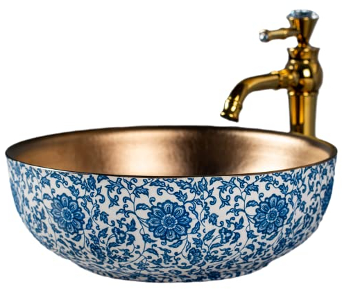 Lavabo, de color azul y blanco, cerámica artística, lavabo para encimera, para baño y granja, tocador, lavadero, 41 cm de diámetro