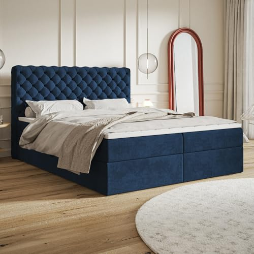 MOTIVENA Nero Lit Boxspring Chesterfield 180x200 Complet avec Matelas (Ressorts Ensachés H3) et Surmatelas (Mémoire de Forme H2), avec Rangement, Velours, avec Tête de Lit Coffre 180x200 Bleu