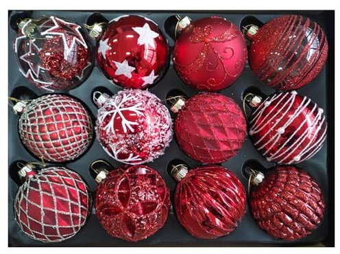 Annastore 12 x Weihnachtskugeln aus Glas hochwertig Ø 8 cm - Christbaumkugeln Vintage - Baumkugeln Vintage - Weihnachtsbaumkugeln hochwertig Farbe Rot