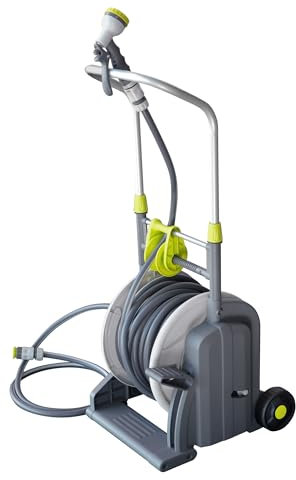 Jardibric - Dévidoir Enrouleur d'Arrosage à Pédale avec Tuyau de 25 m, Pistolet 6 Jets et Rallonge de 2 m - Pratique pour un Arrosage Facile et Efficace dans Votre Jardin.
