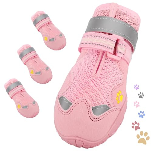 FISHOAKY Dog Shoes for Large Medium Small Dog, Mesh Breathable Dog Shoes for Hot Pavement, Anti-Slip Dogs Boots Paw Protectors with Reflective for Outdoor Walking Indoor Hardfloors (Size 1)