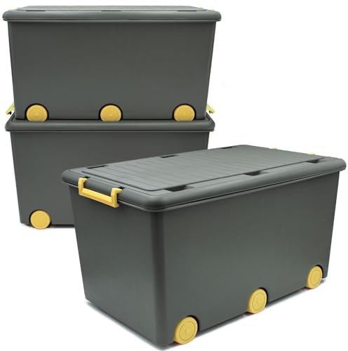 Babykajo 3 Aufbewahrungsboxen mit Deckel und Rollen 50L - Stapelboxen mit Deckel undurchsichtig - Plastikbox mit Deckel zum verschließen- Kisten Aufbewahrung mit Deckel