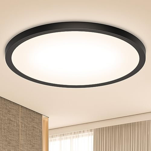 Led Deckenleuchte Flach Led Deckenlampe, Ø30CM 24W 3000K 2400LM IP44 Wasserdicht Warmweiss Badezimmer Schwarz Modern Rund Led Lampe Decke für Küchen Wohnzimmer Schlafzimmer Kinderzimmer Flur Keller