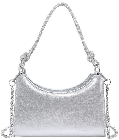 Milisente Damen Clutch Elegante Schultertasche Handtasche Hobo Abendtasche Crossbody Clutch mit Glitze Tragegurt(PU Silber)