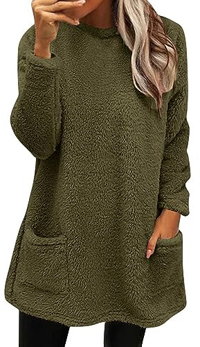 Generisch Damen Black Friday Pullover Lang Teddy Fleece Flauschig Pulli Weich Winter Warm Sweatshirt Langarm Fleecepulli Plüsch Tops Oberteile Mit Taschen Outlet Angebote Sale Kleidung