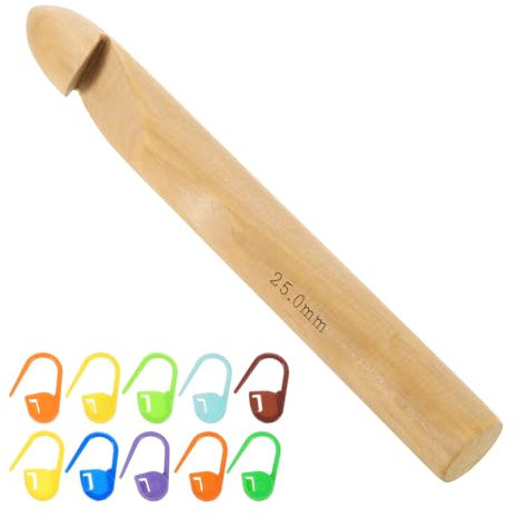 sourcing map Wood Huge Crochet Hook 25mm US Size U Big Wooden Bamboo Crochet Needles with 10 Pcs Knitting Stitch Markers for Crocheting Giant Chunky Yarn