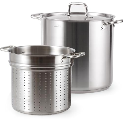 HOMICHEF 21 Quart Nickel Free Stainless Steel Pasta Pot With Strainer and Lid - Commercial Grade Stainless Steel Veggie Steam Baskets - Matte Polished 21 Quart Induction Steamer Pot Strainer Set