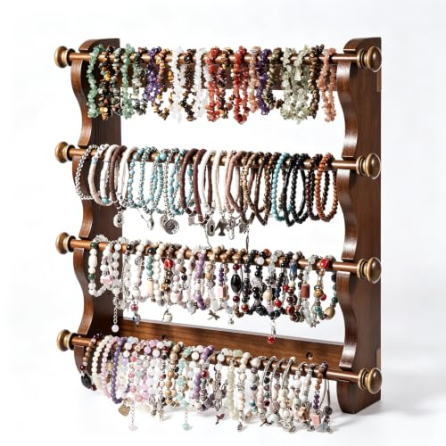 humberboat 4 Tier Wooden Bracelet Holder Wall-Mounted, Bangle Watch Necklace Display Storage Antique Bracelet Display Jewelry Holder Display Organizer, Brown 4 Tier Wooden Bracelet Holder