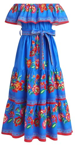 EFOGEP Robe mexicaine pour fille - Robe d'été bohème florale - Épaules dénudées - Traditionnelle Cinco De Mayo Fiesta - Robe folklorique bohème - Robe longue avec ceinture, bleu, 9-10 ans