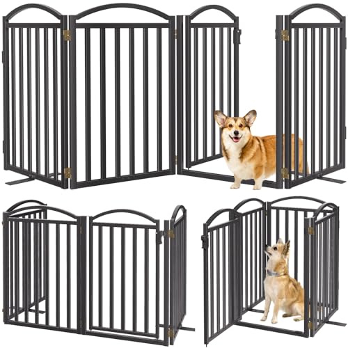 Malier Metal Freestanding Dog Gates with Door, 32'' Height Outdoor Indoor Dog Fences, Extra Wide Foldable Puppy Gate for Stairs (Black, 【4 Panels with Door】 80''W × 32''H)