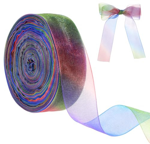 50 Yards Organza Ribbon, Gradient Rainbow Ribbon Chiffon Colorful Ribbons Rainbow Satin Ribbons for Gift Wrapping Decorating Wedding Bouquet Party Decoration