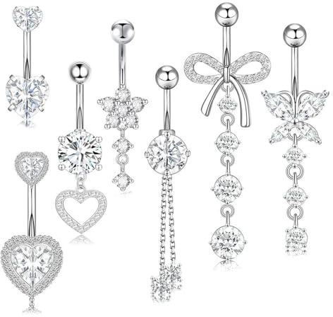 7pcs Belly Button Bars,Belly Bar 14G Navel Bars,Dangly Belly Button Piercing Jewellery,Silver Stainless Steel Belly Bars with Flower Butterfly Heart Navel Piercing Jewelry for Women Girls (Silver)