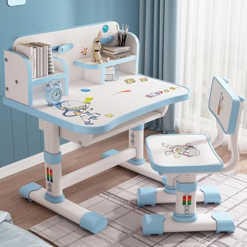 Haibinsuo Schreibtisch Kinder, Ergonomisch kinderschreibtisch kinderschreibtisch höhenverstellbar mit Astronauten-Muster Große Schreibtafel Bücherregal und Schublade für Kinder Lernen Home Office Blau